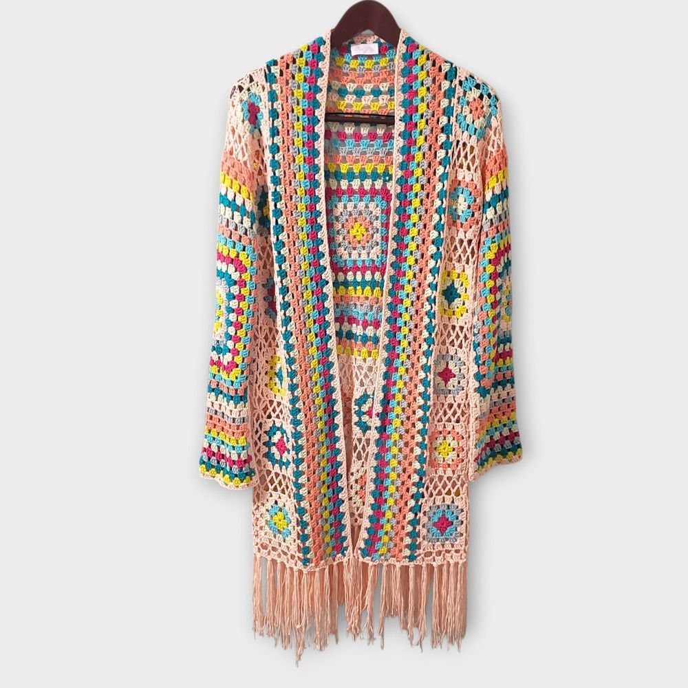 Pink Lily Crochet Granny Square Duster Cardigan Pink Multi Boho 70s Fringe XL